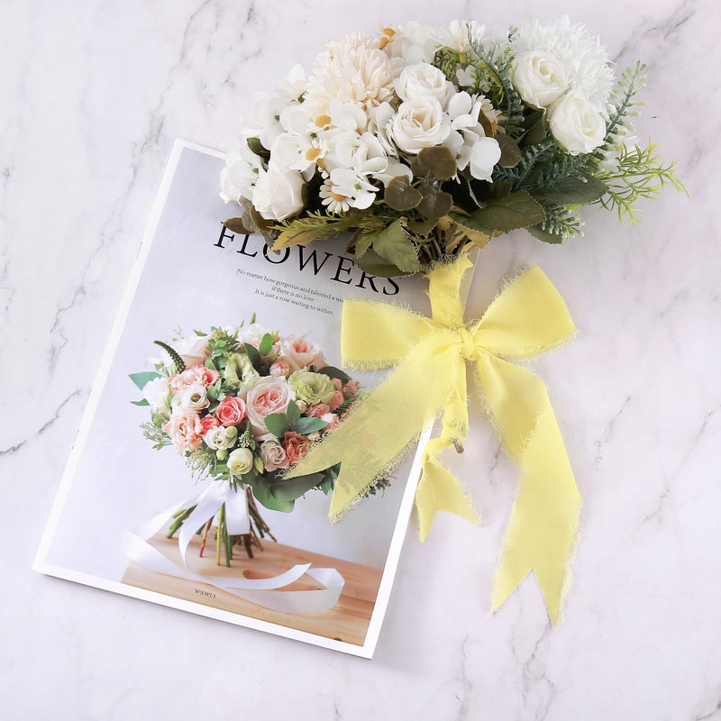 KEOSREE 3 Rolls Cream Yellow Handmade Chiffon Ribbon,1.5" x 21Yd Frayed Fringe Silk Ribbons (3 Rolls *7Yd) for Gifts Wrapping, Wedding Invitations, Bridal Bouquets, Decoration - Image 4